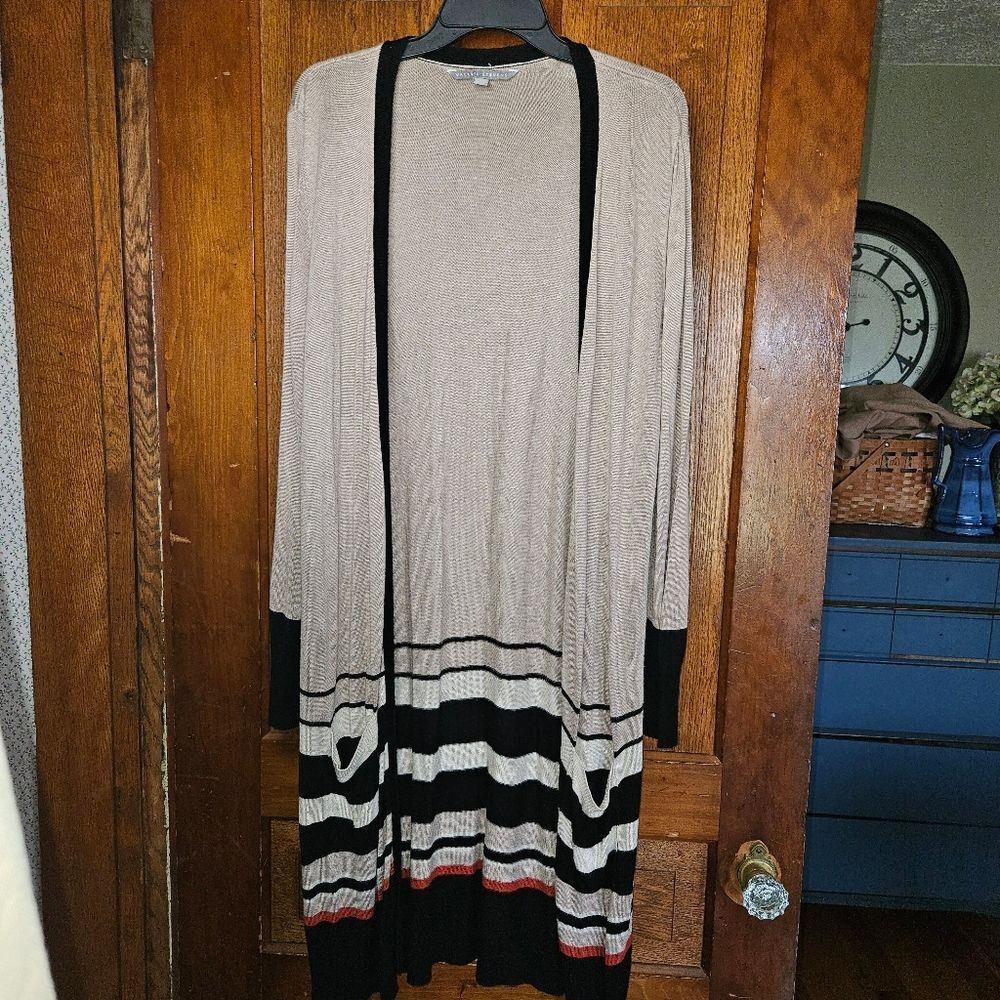 Valerie‎ Stevens Striped Cardigan Sweater Women's Large L Tan Blue Side Pockets